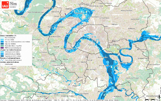 Étendue des zones inondées pour une crue de type 1910 zoom sur la petite couronne parisienne.bmp