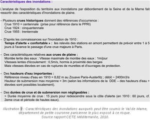 Caractéristiques des inondations auxquels peut être soumis le Val de Marne, département de petite couronne parisienne le plus exposé à ce risque. Source rapport CETE Méditerranée, 2010