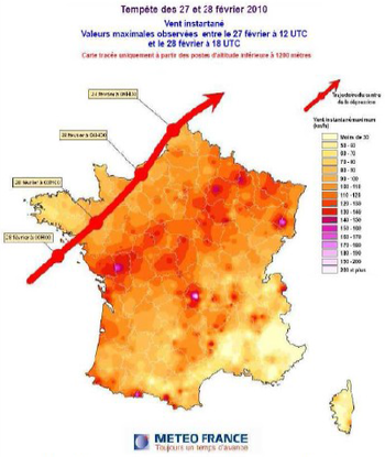 Vitesses de vent instantanées maximales durant la tempête Xynthia.bmp