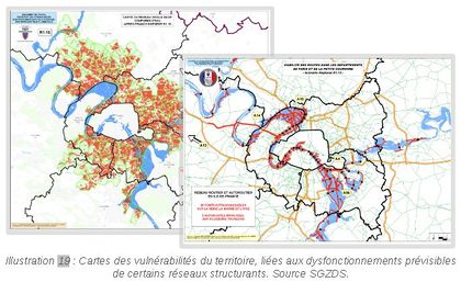 Cartes des vulnérabilités du territoire, liées aux dysfonctionnements prévisibles de certains réseaux structurants. Source SGZDS