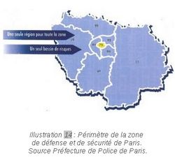 Périmètre de la zone de défense et de sécurité de Paris. Source Préfecture de Police de Paris